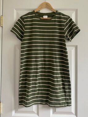 Pact Organic Cotton Olive Green Striped Short-Sleeve Tee Shirt Dress, Sz S